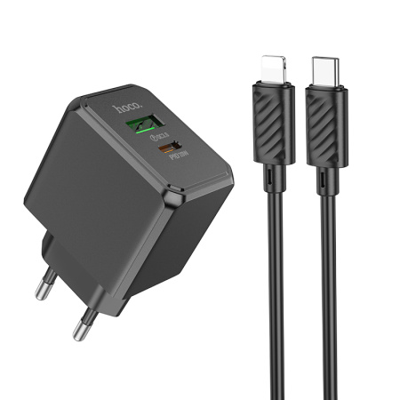 СЗУ с выходом USB Hoco CS14A (PD20W/QC3.0/1USB/1USB C/кабель Type-C - Lightning) черное